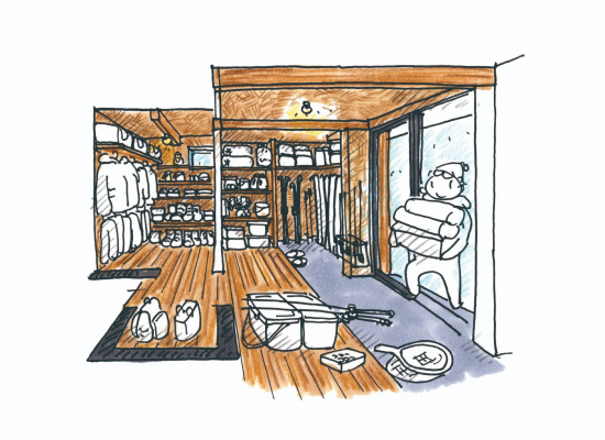 アウトドア用品を収納できる趣味部屋の様子