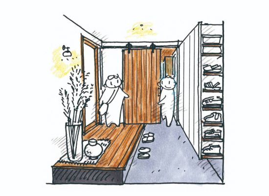 横長の玄関ホールと趣味室を兼用した広々とした空間